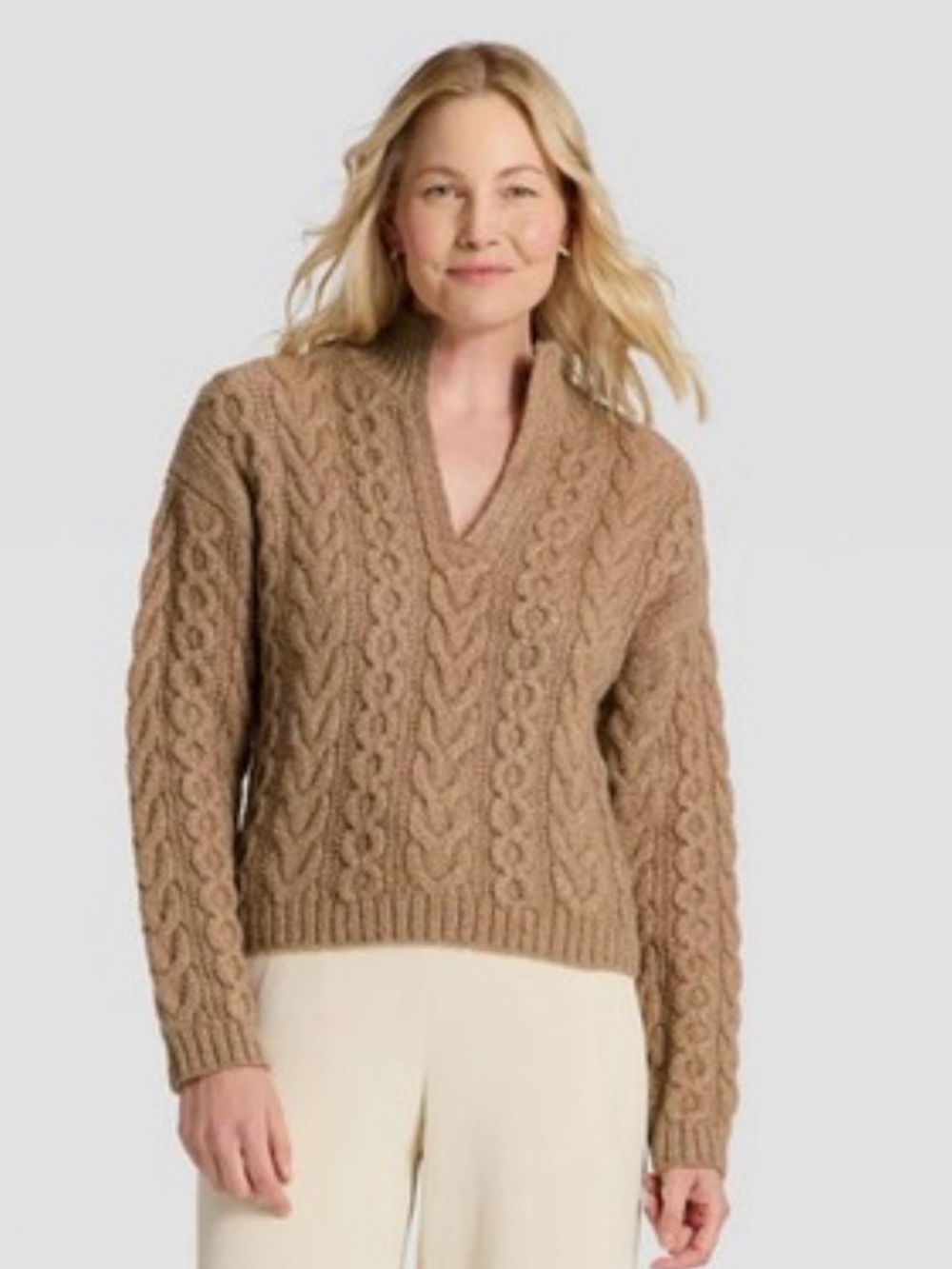 a new day Cable-Textured V-Neck Sweater in Camel Brown
